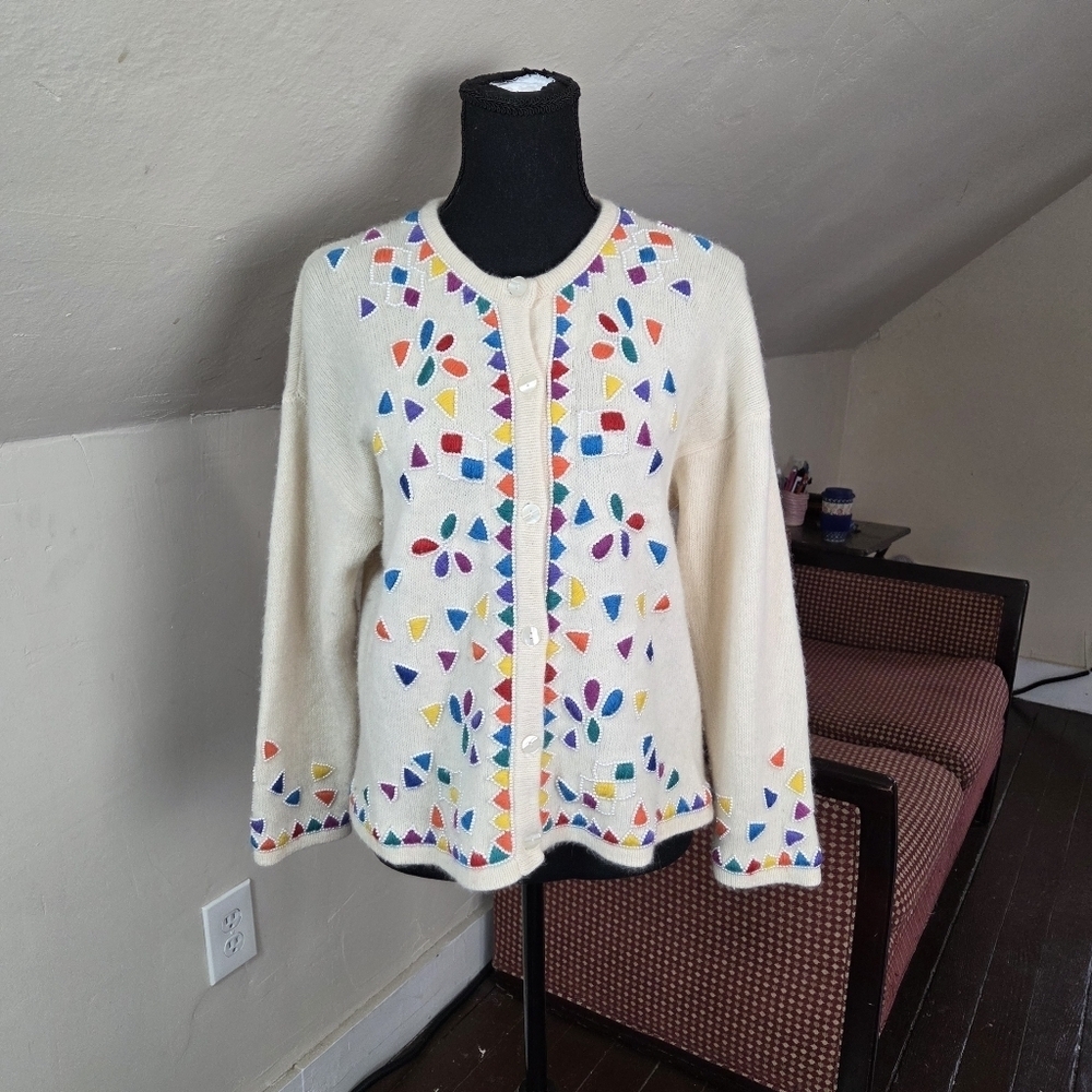 Kitty Hawk Vivian Wang Wool Angora Cardigan M Embroidered Beaded Vintage